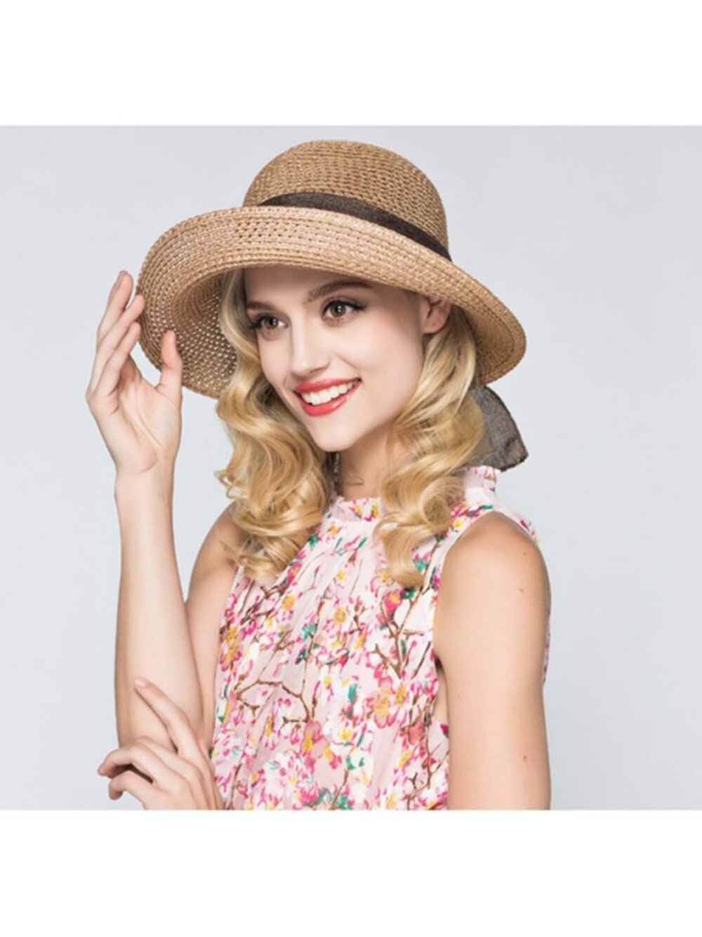 Wide Brim Straw Sun Hat with Ribbons, Roll-Up & Foldable, UV Protection, Summer - Picture 3 of 6